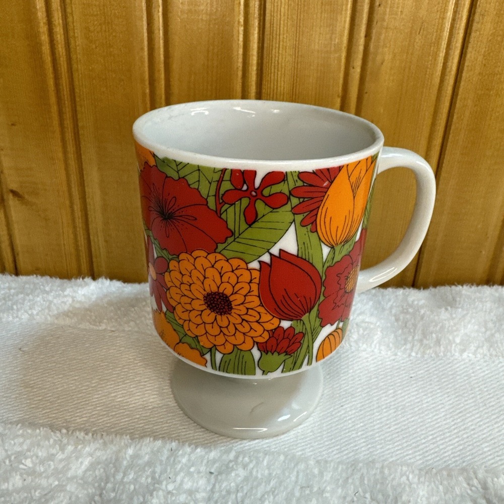 MCM Retro Pedestal Mug Stacking Cup Flowers Orange Red Green Adorable!